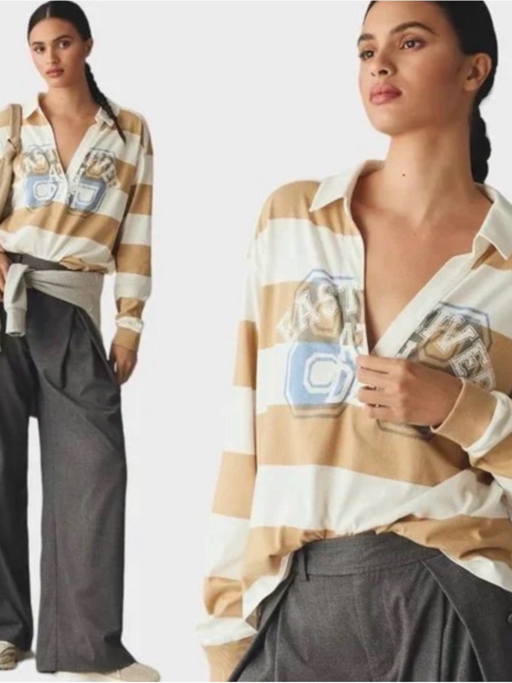 Pilcro Anthropologie Cream & Tan Striped Collared Rugby Style cotton shirt M